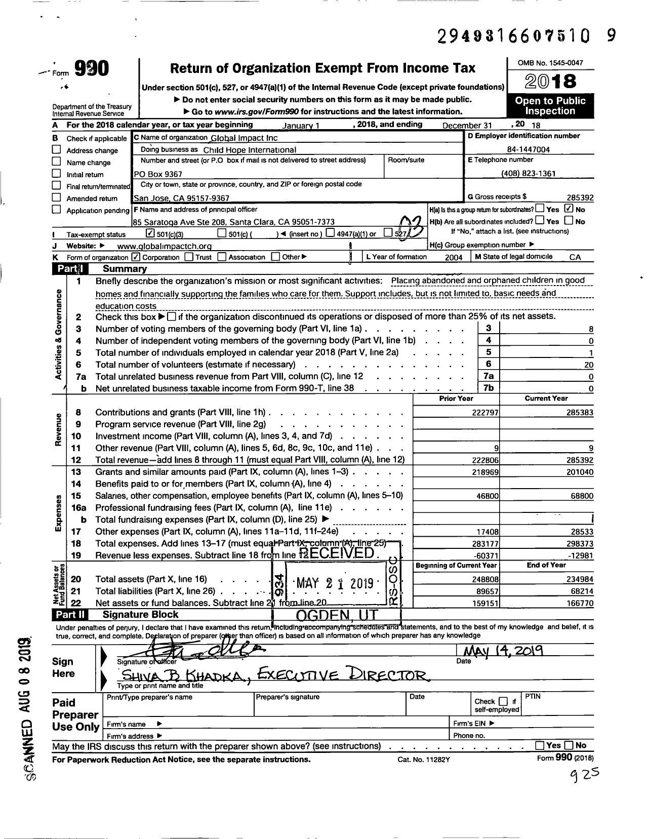Image of first page of 2018 Form 990 for Child Hope International / Global Impact Inc