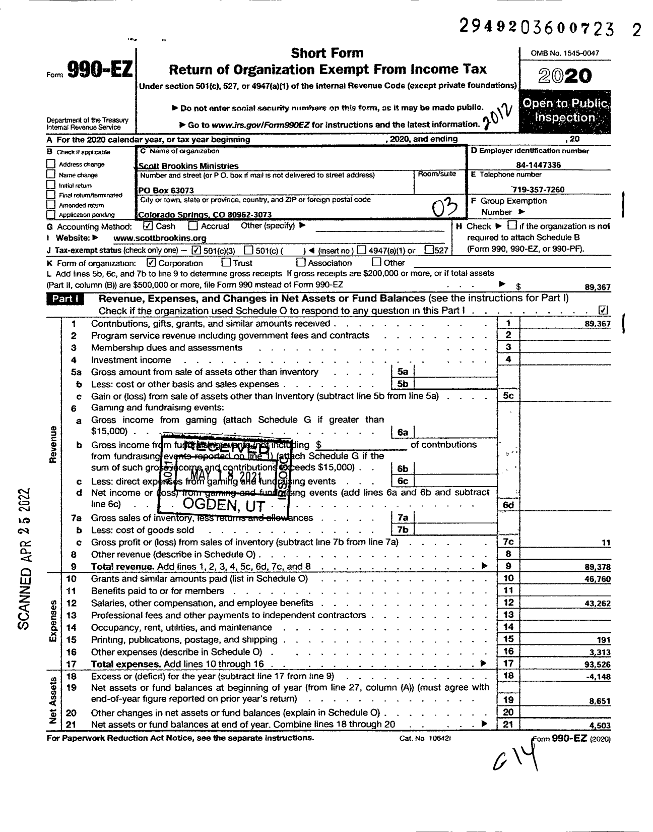 Image of first page of 2020 Form 990EZ for Scott Brookins Ministries