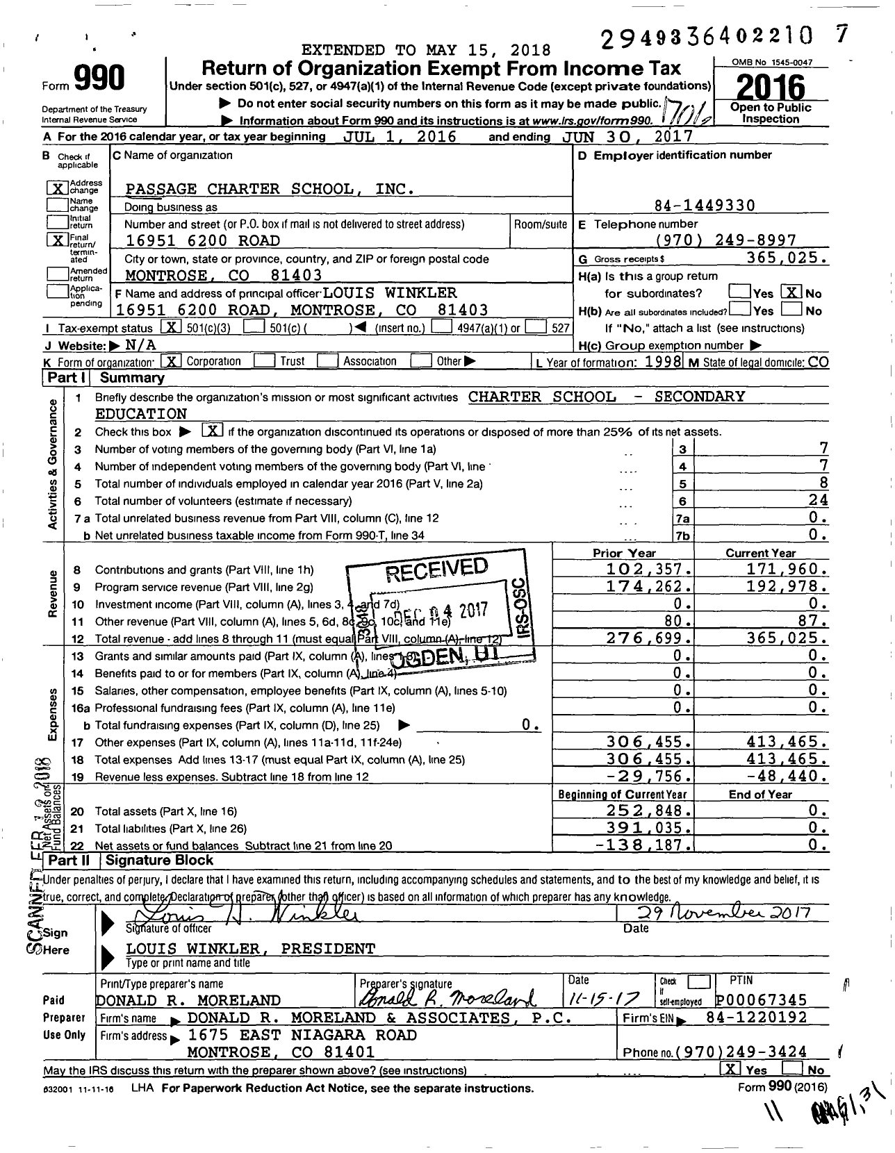 Image of first page of 2016 Form 990 for Passage Charter School