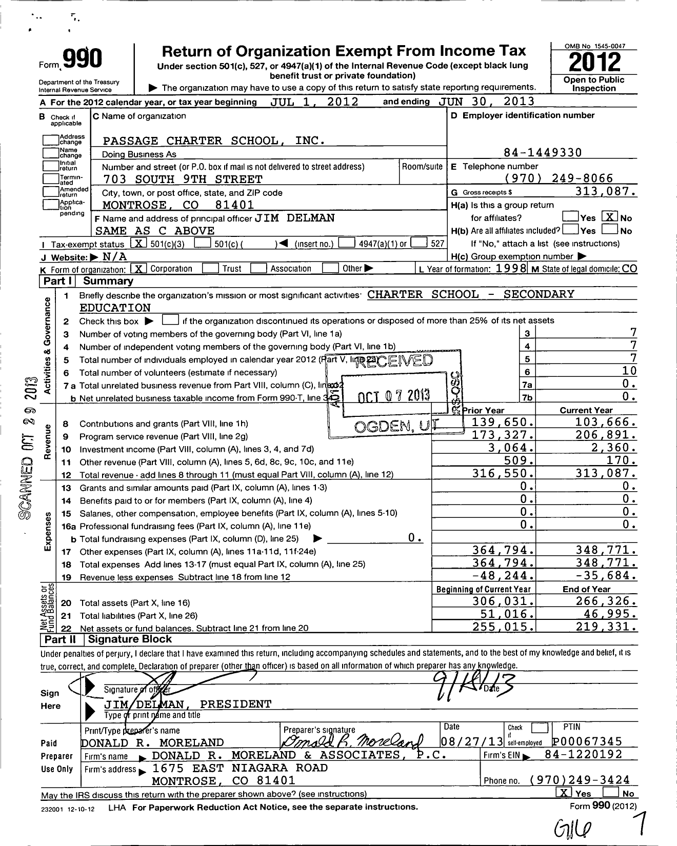 Image of first page of 2012 Form 990 for Passage Charter School