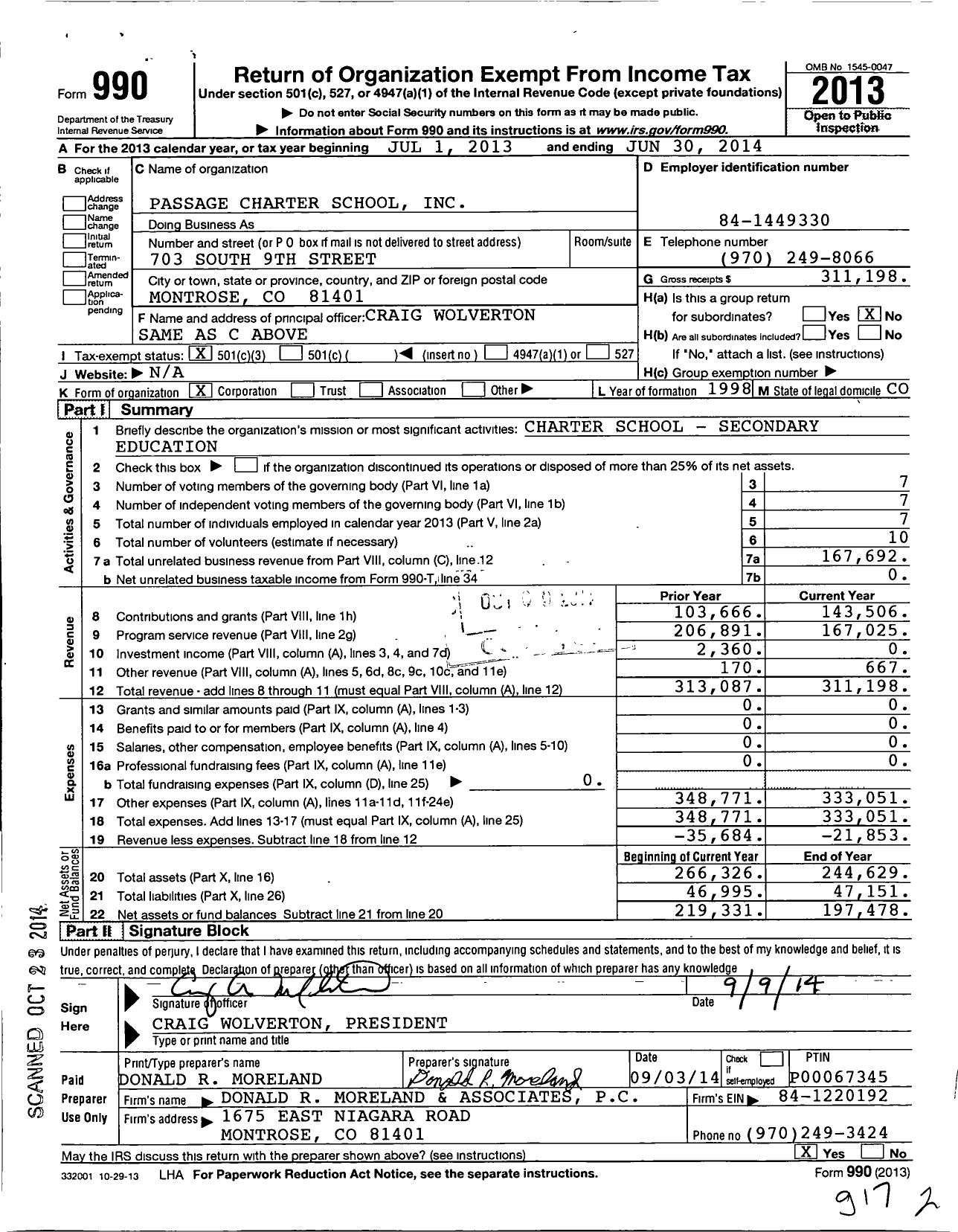 Image of first page of 2013 Form 990 for Passage Charter School