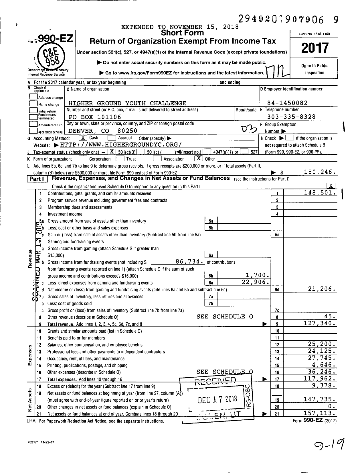 Image of first page of 2017 Form 990EZ for Higher Ground Youth Challenge