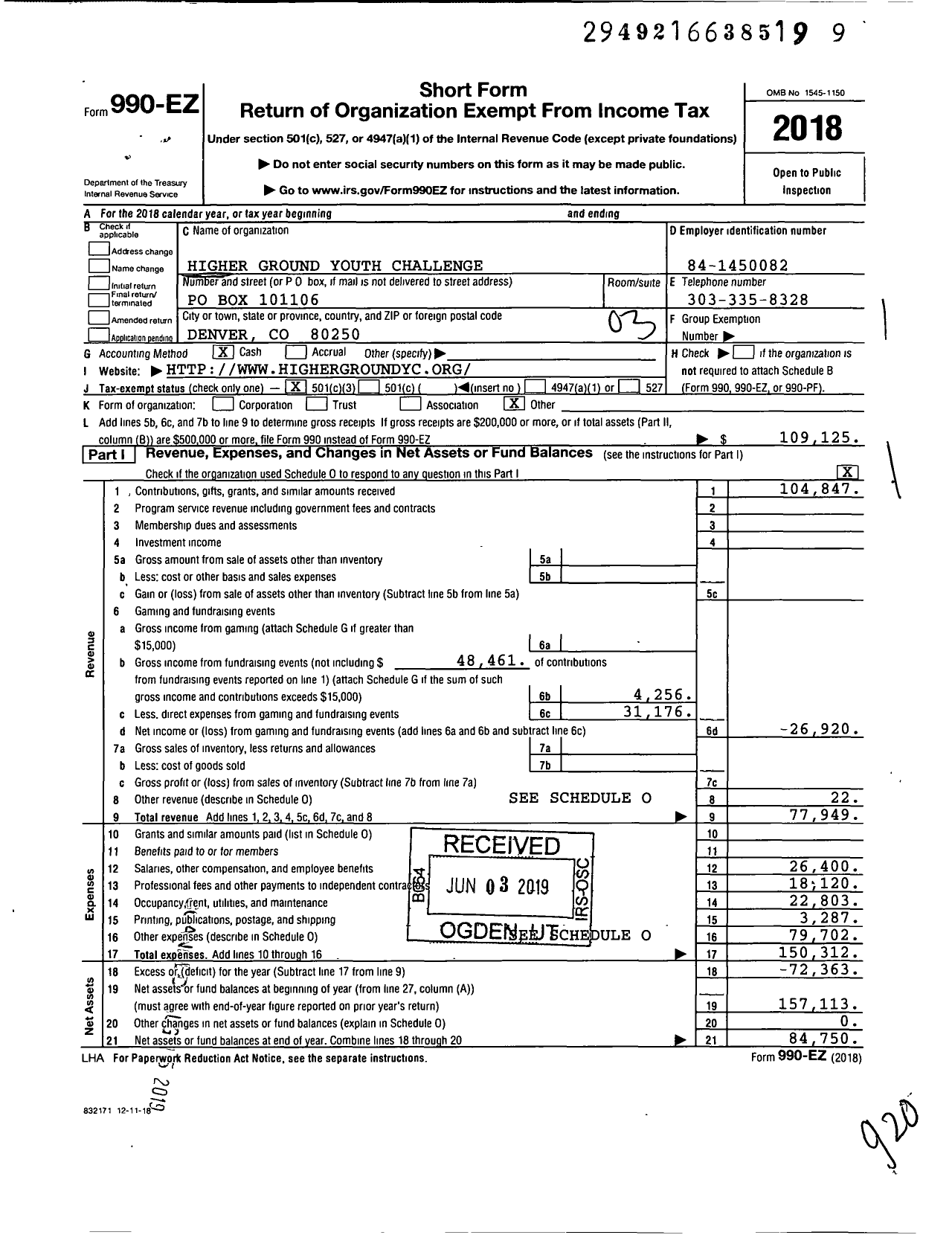 Image of first page of 2018 Form 990EZ for Higher Ground Youth Challenge