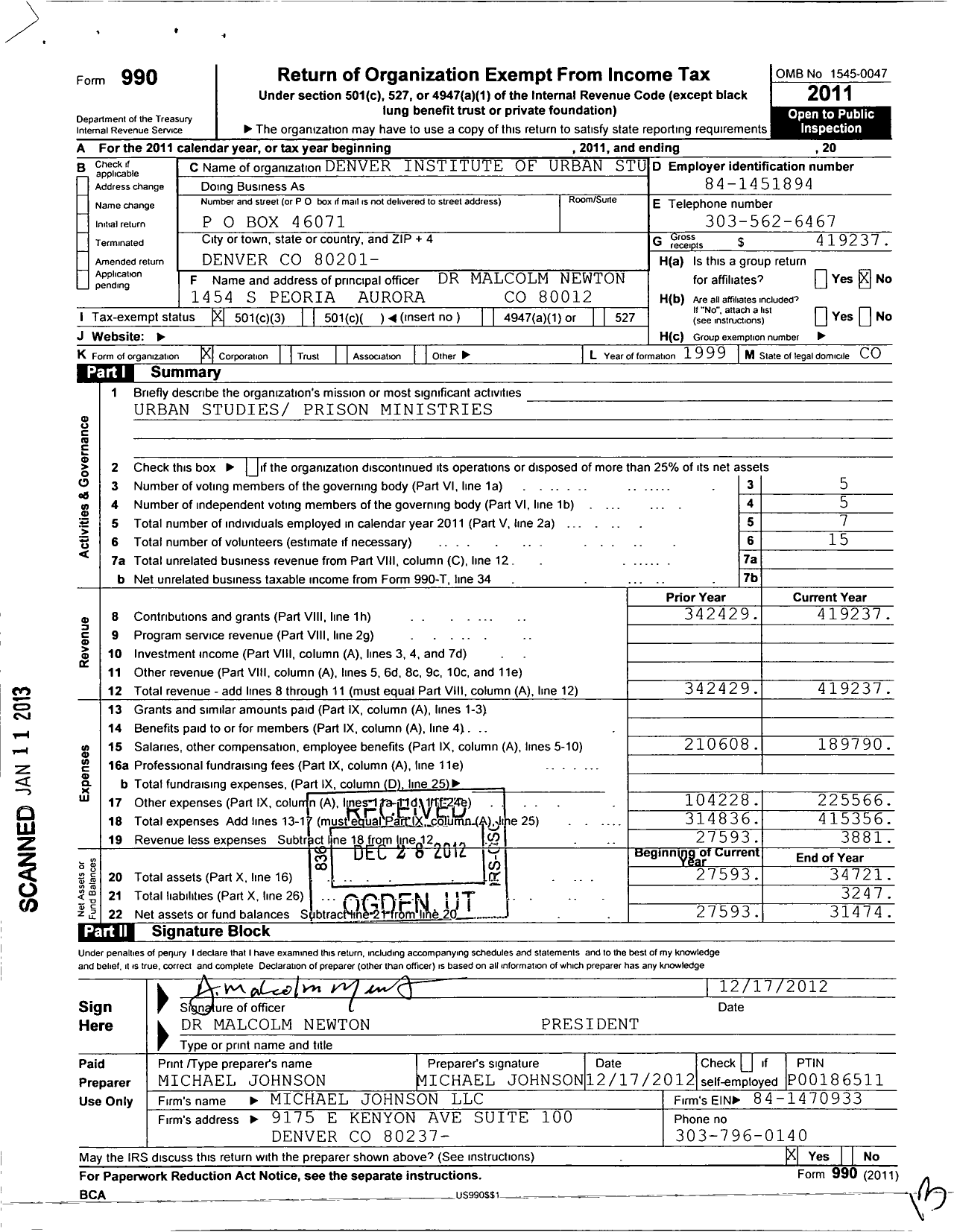 Image of first page of 2011 Form 990 for Denver Institute of Urban Studies