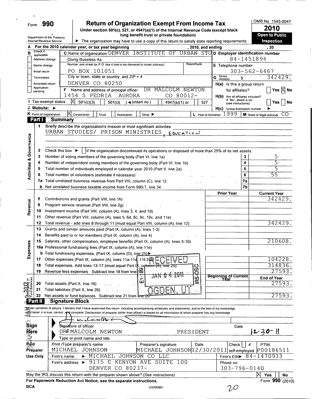 Image of first page of 2010 Form 990 for Denver Institute of Urban Studies