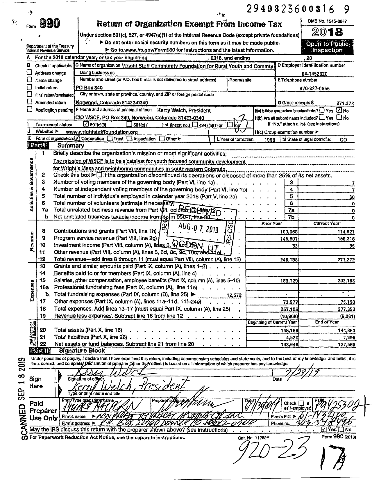 Image of first page of 2018 Form 990 for Wright Stuff Community Foundation