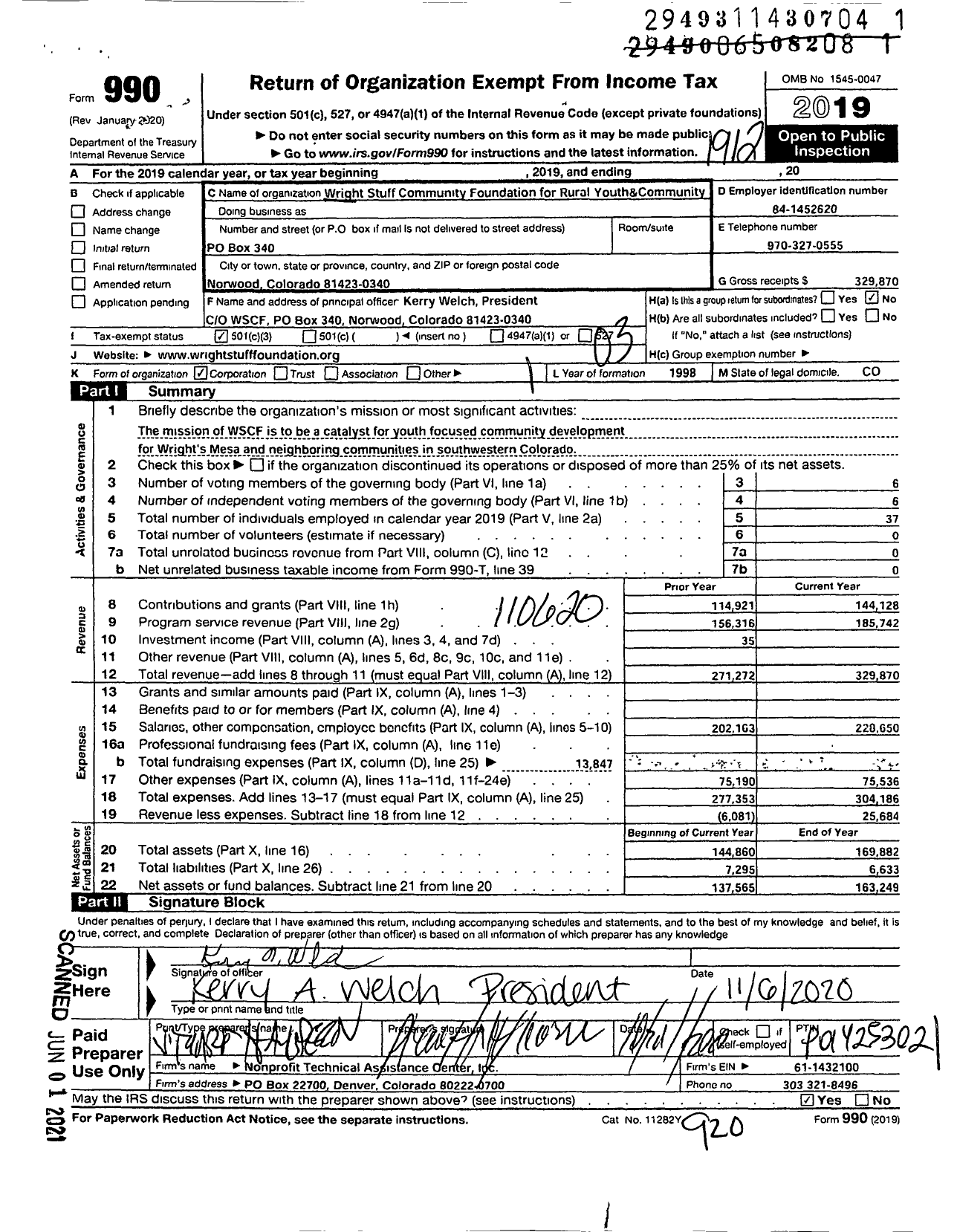 Image of first page of 2019 Form 990 for Wright Stuff Community Foundation