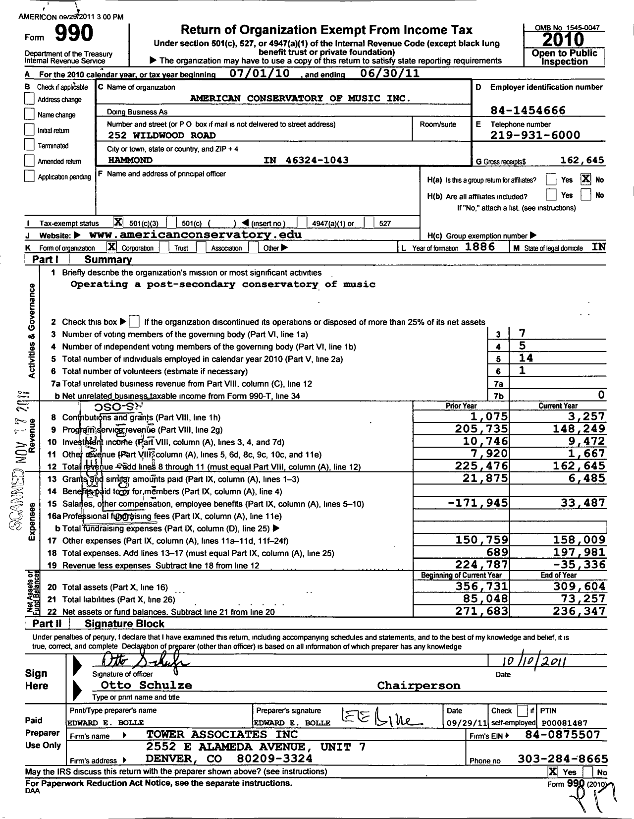 Image of first page of 2010 Form 990 for American Conservatory of Music