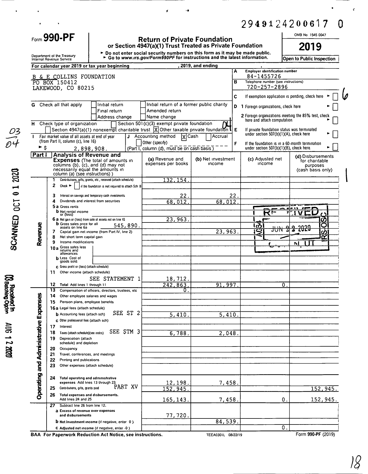 Image of first page of 2019 Form 990PR for B and E Collins Foundation