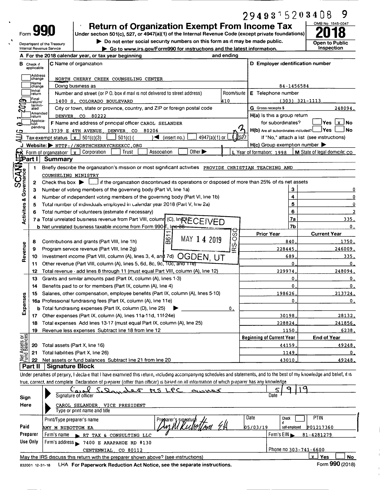 Image of first page of 2018 Form 990 for North Cherry Creek Counseling Center