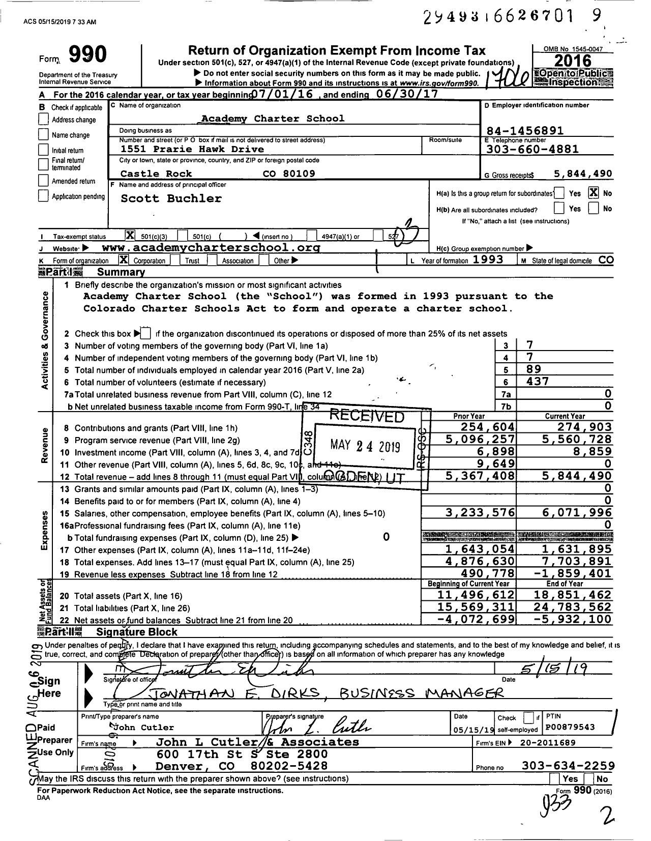 Image of first page of 2016 Form 990 for Academy Charter School (ACS)