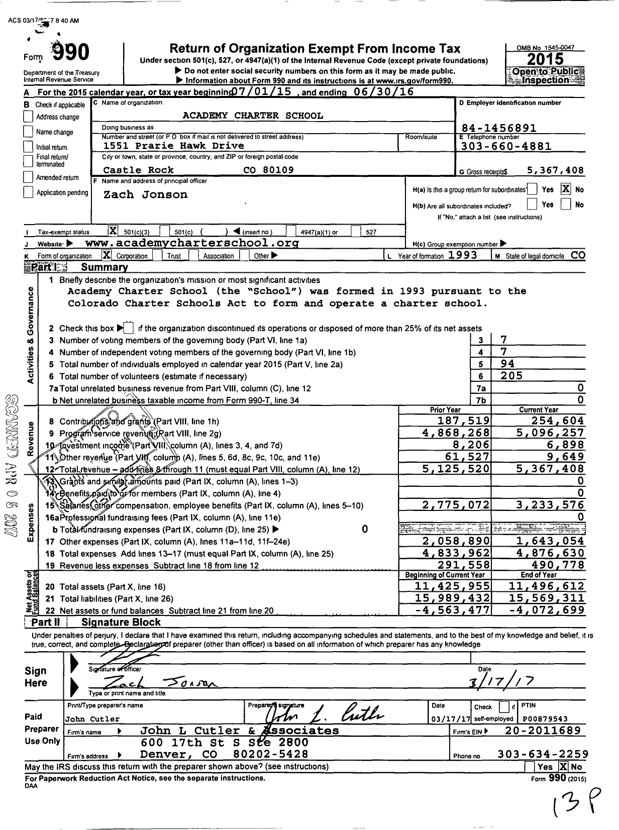 Image of first page of 2015 Form 990 for Academy Charter School (ACS)