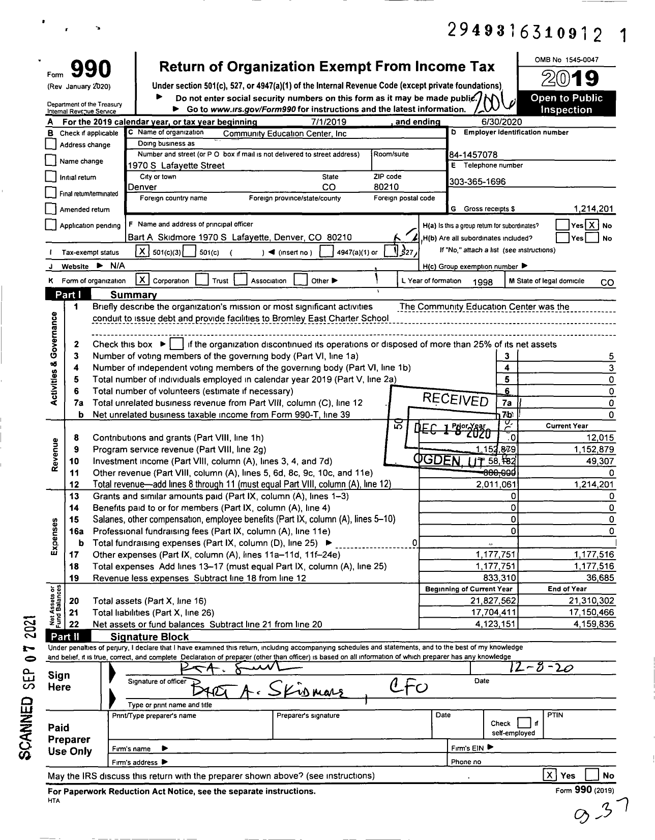 Image of first page of 2019 Form 990 for Community Education Center