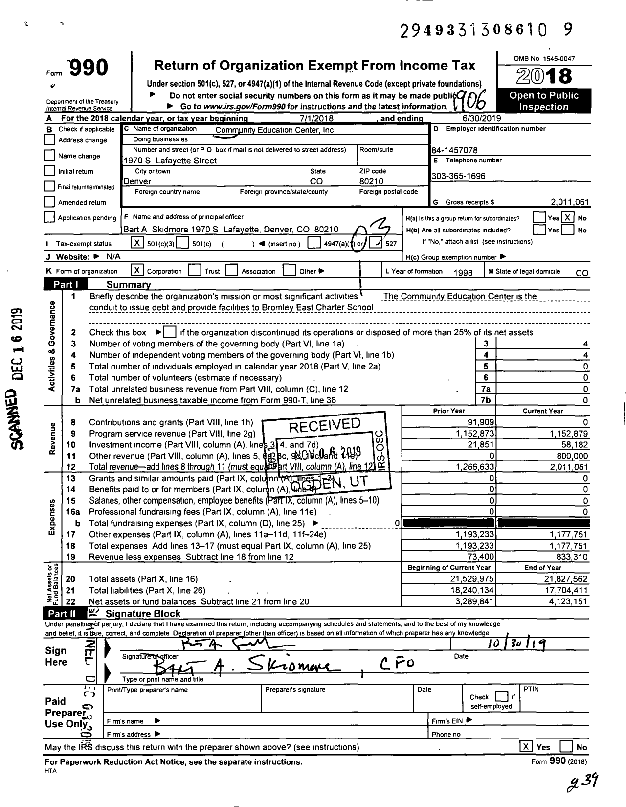 Image of first page of 2018 Form 990 for Community Education Center