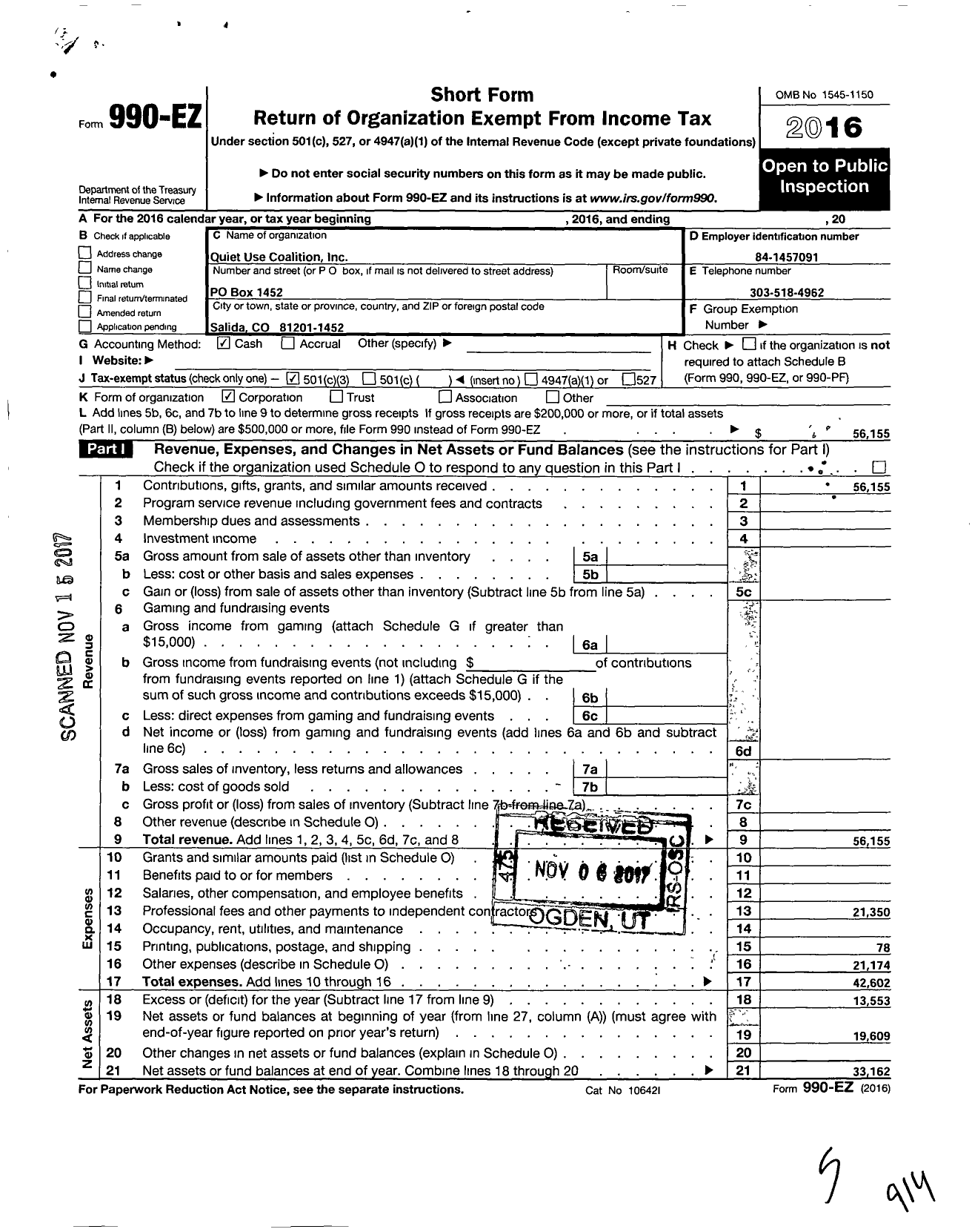 Image of first page of 2016 Form 990EZ for Quiet Use Coalition