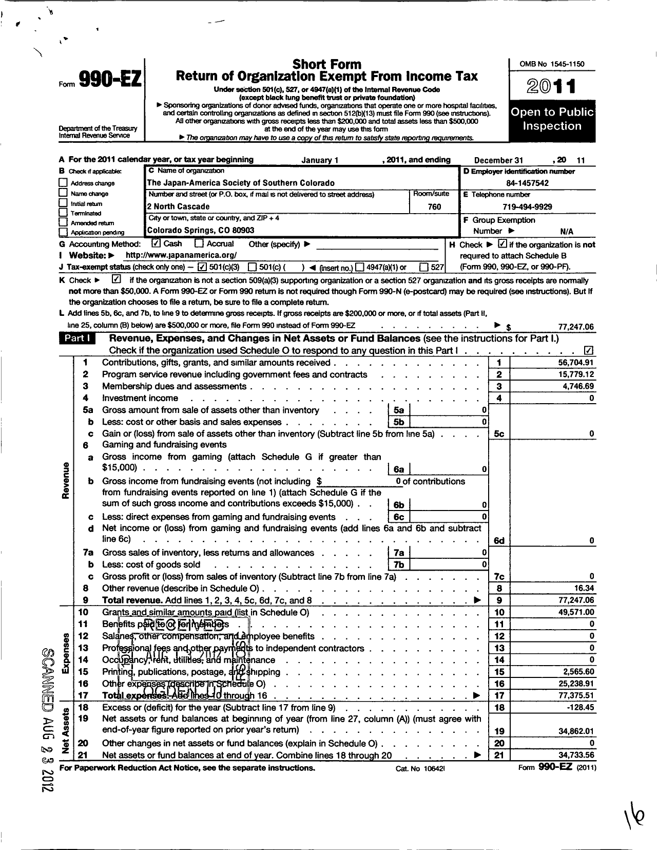 Image of first page of 2011 Form 990EZ for Japan-America Society of Southern Colorado