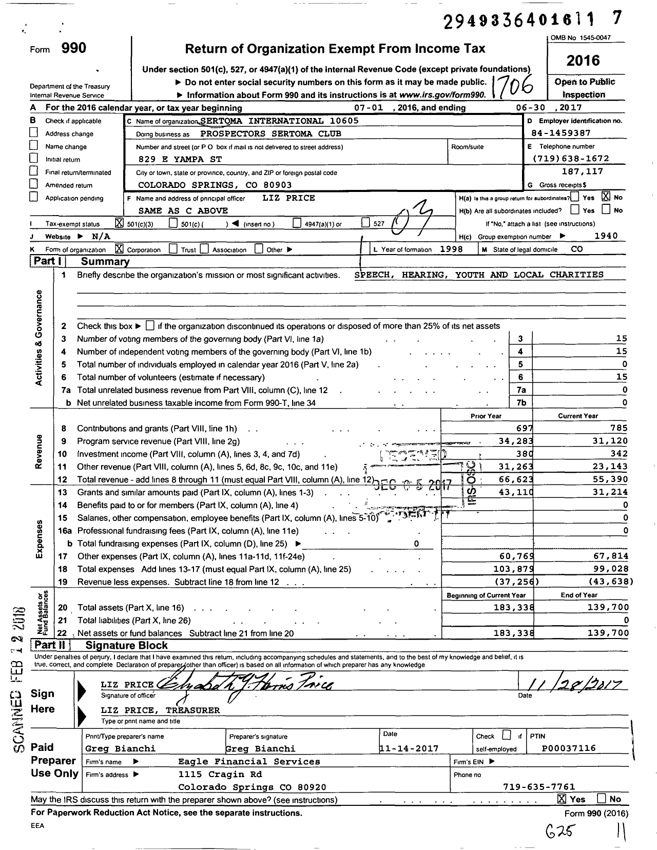 Image of first page of 2016 Form 990 for Sertoma International 10605