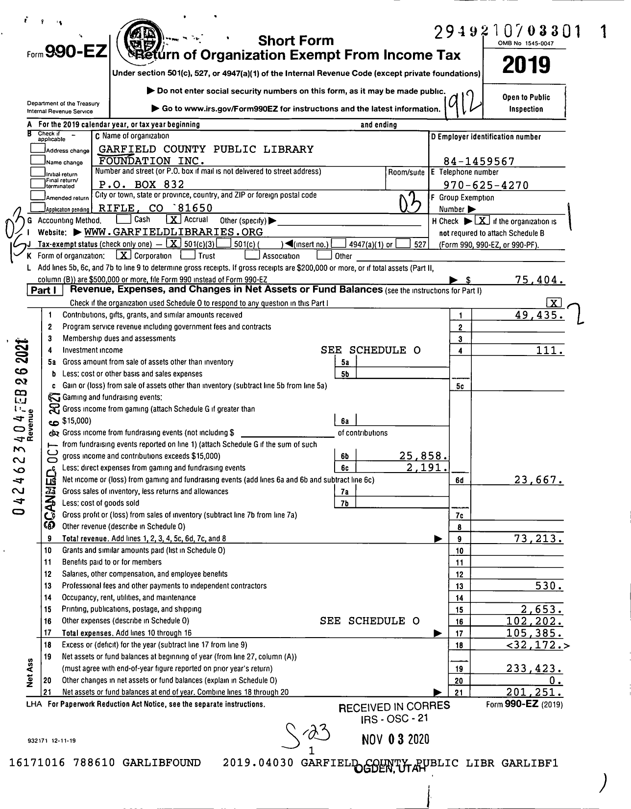 Image of first page of 2019 Form 990EZ for Garfield County Public Library Fund