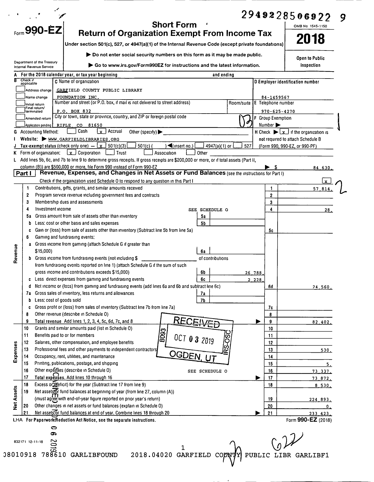 Image of first page of 2018 Form 990EZ for Garfield County Public Library Fund