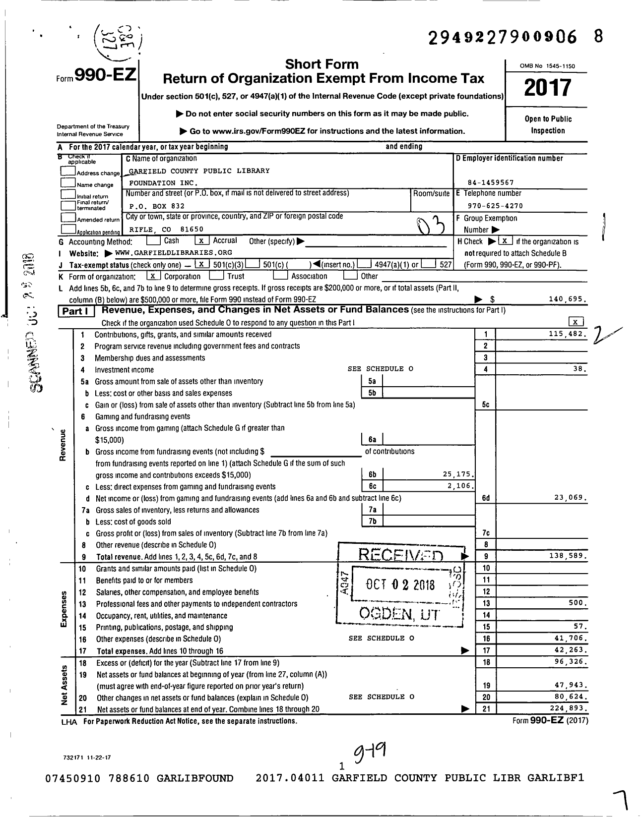 Image of first page of 2017 Form 990EZ for Garfield County Public Library Fund