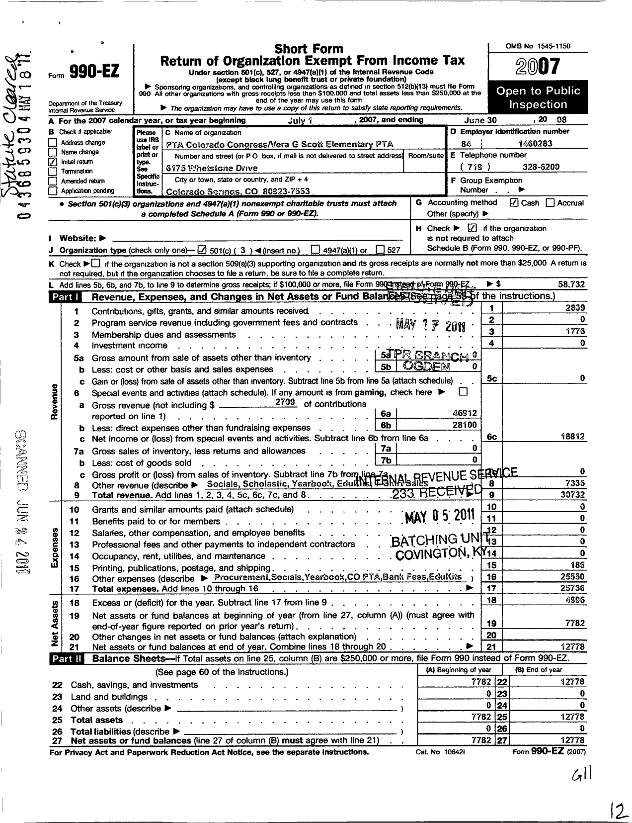 Image of first page of 2007 Form 990EZ for PTA Colorado Congress / Vera G Scott Elementary PTA