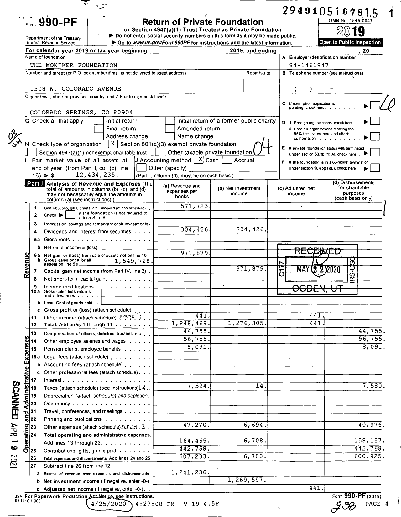 Image of first page of 2019 Form 990PF for The Moniker Foundation