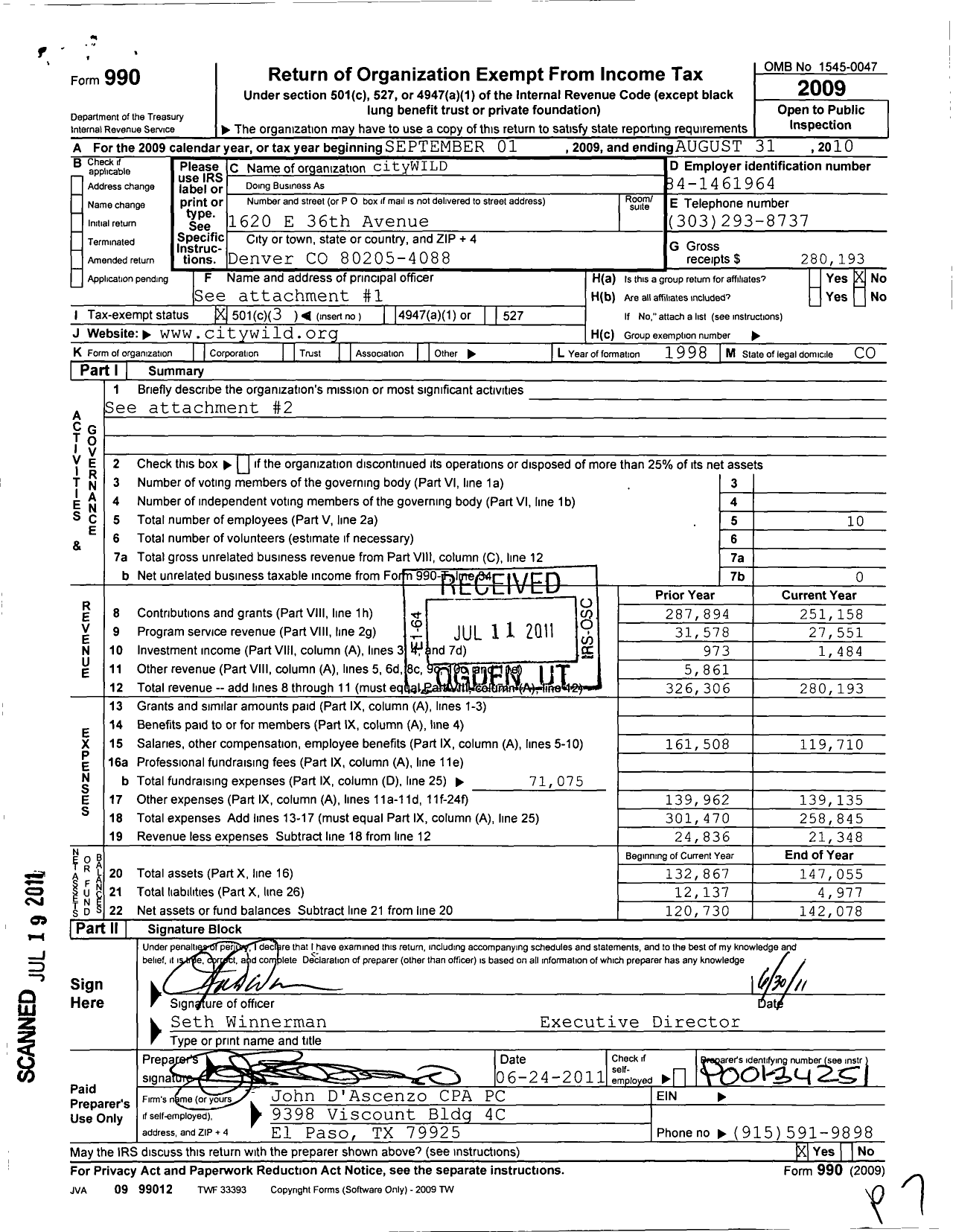 Image of first page of 2009 Form 990 for cityWILD