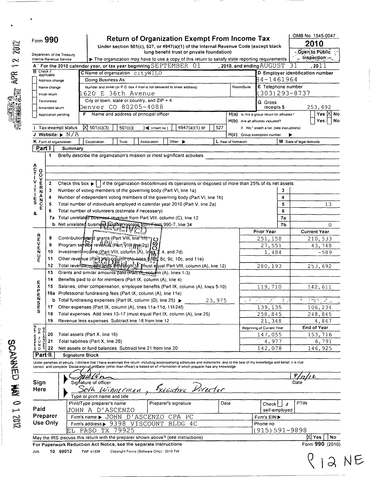 Image of first page of 2010 Form 990 for cityWILD