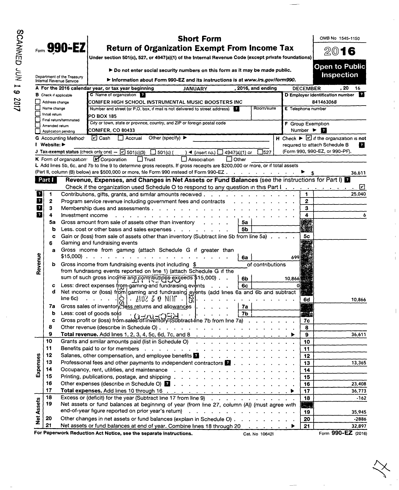 Image of first page of 2016 Form 990EZ for Conifer High School Instrumental Music Boosters