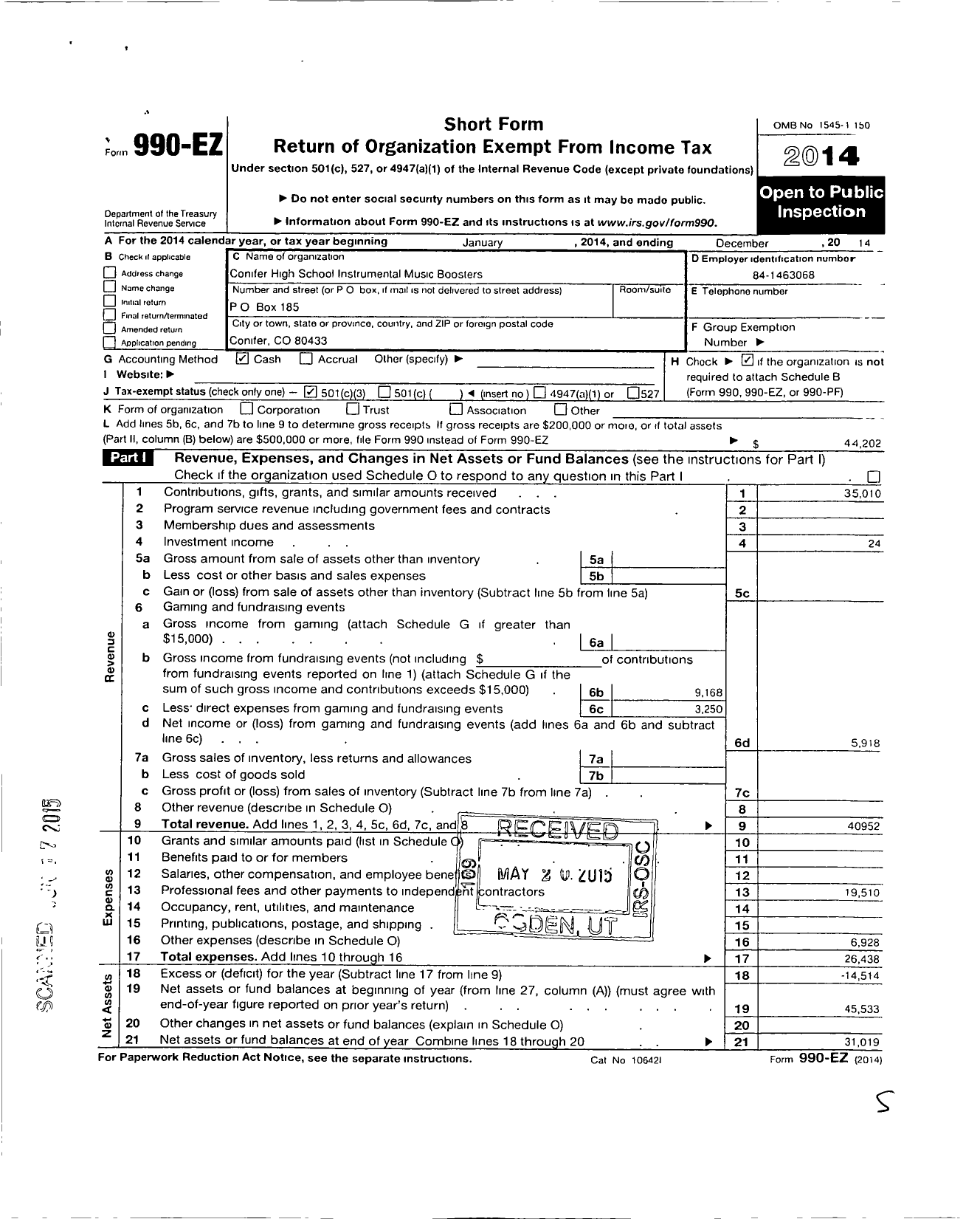 Image of first page of 2014 Form 990EZ for Conifer High School Instrumental Music Boosters