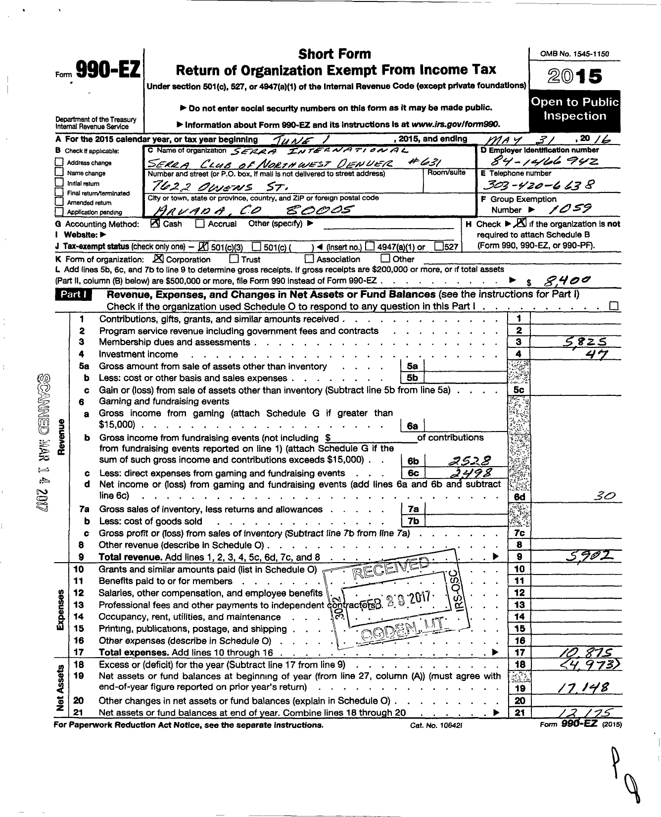 Image of first page of 2015 Form 990EZ for Serra International - 631 Northwest Metro Denver Club