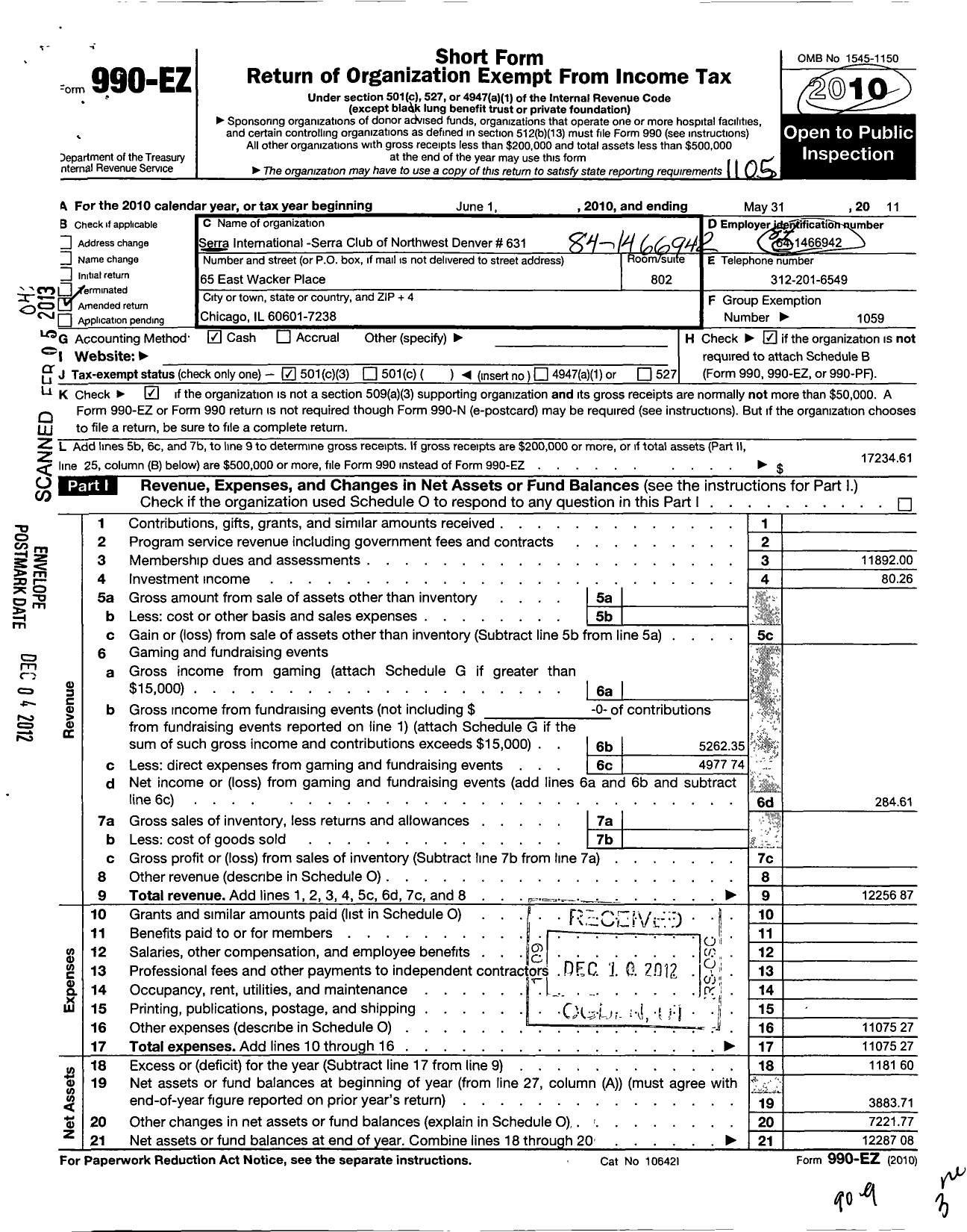 Image of first page of 2010 Form 990EZ for Serra International - 631 Northwest Metro Denver Club