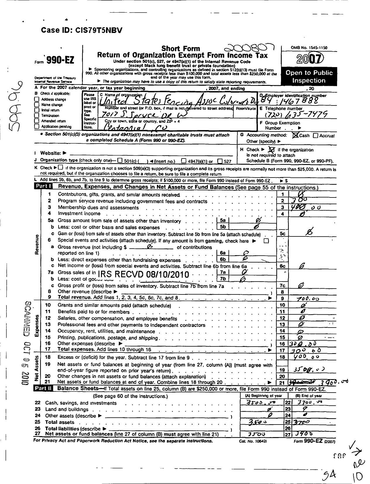 Image of first page of 2007 Form 990EO for United States Fencing Association / Colorado Division