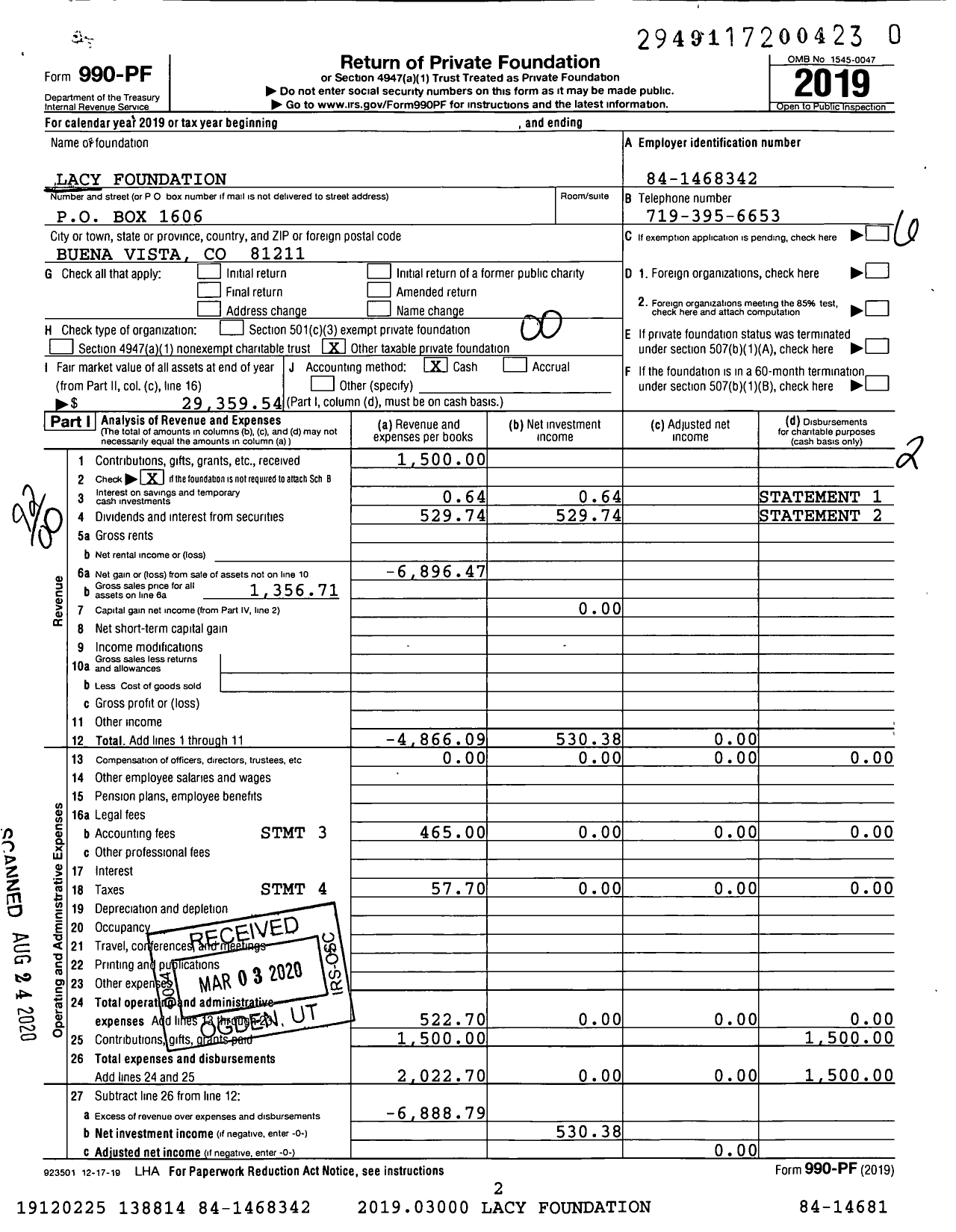 Image of first page of 2019 Form 990PR for Lacy Foundation