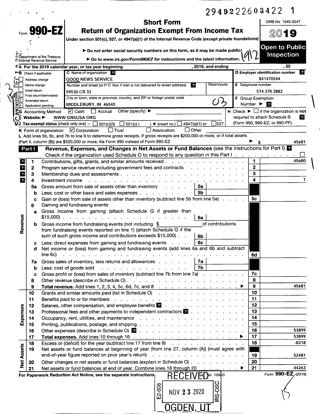 Image of first page of 2019 Form 990EZ for Good News Service