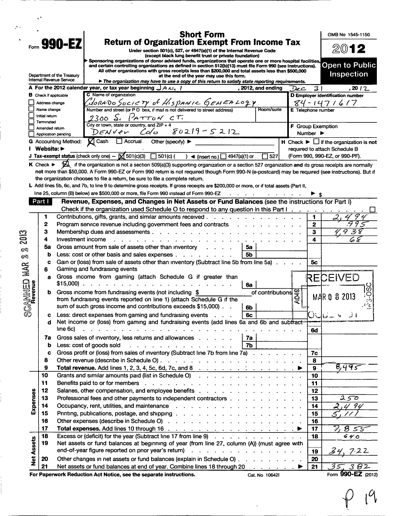 Image of first page of 2012 Form 990EZ for Colorado Society of Hispanic Geneology