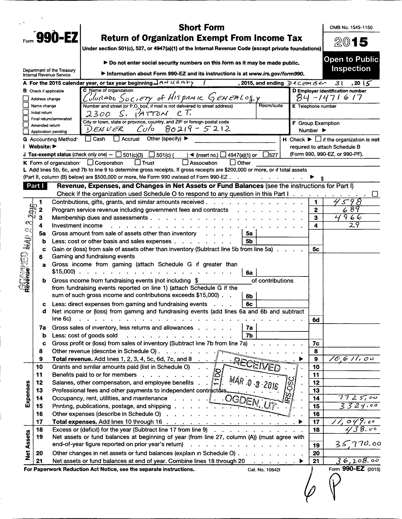 Image of first page of 2015 Form 990EO for Colorado Society of Hispanic Geneology