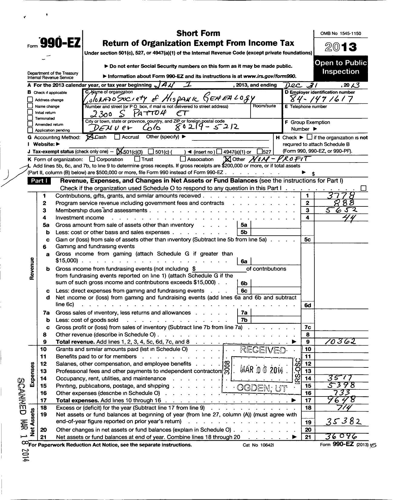 Image of first page of 2013 Form 990EZ for Colorado Society of Hispanic Geneology