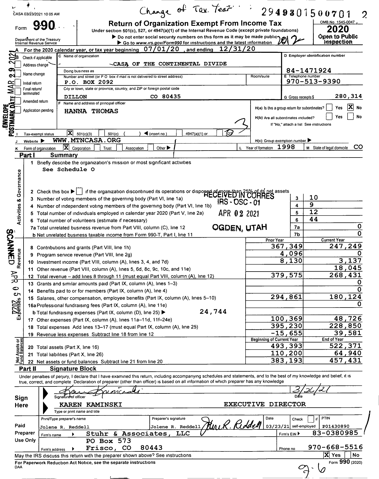 Image of first page of 2020 Form 990 for CASA of the Continental Divide