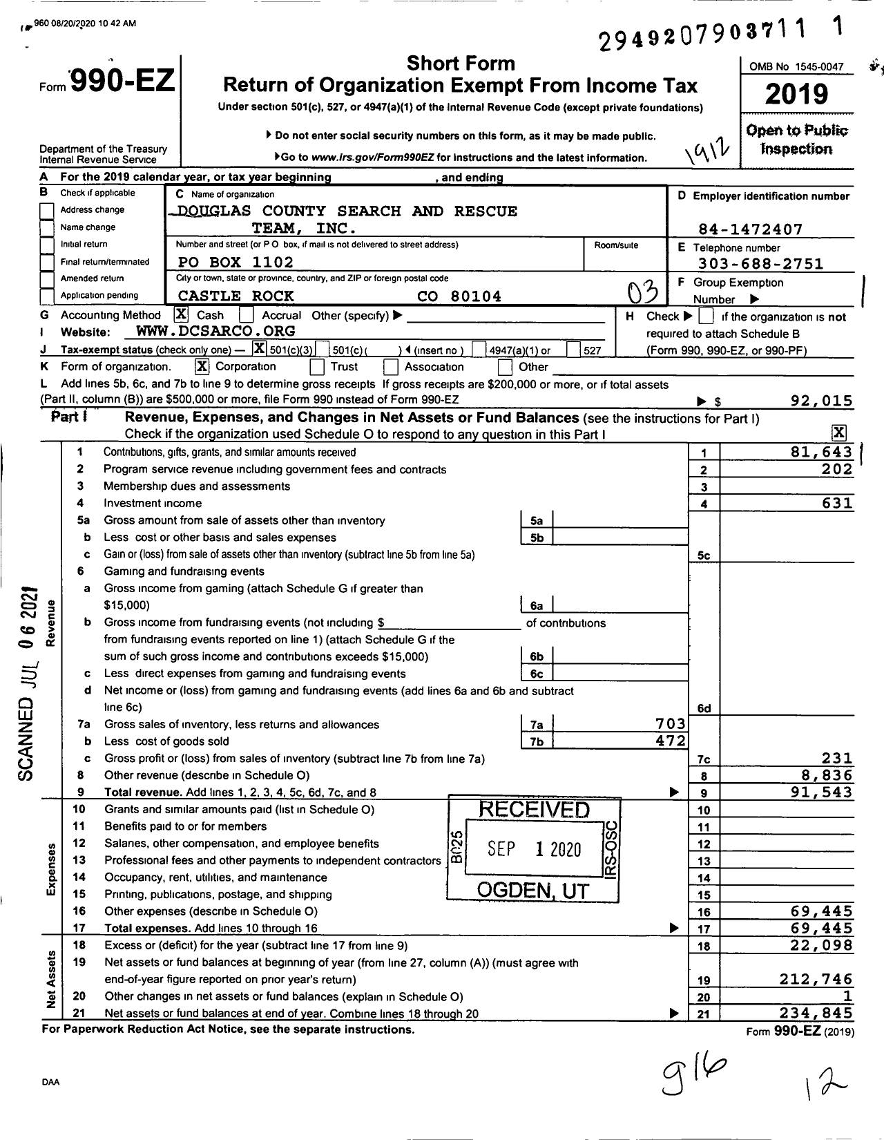 Image of first page of 2019 Form 990EZ for Douglas County Search and Rescue Team