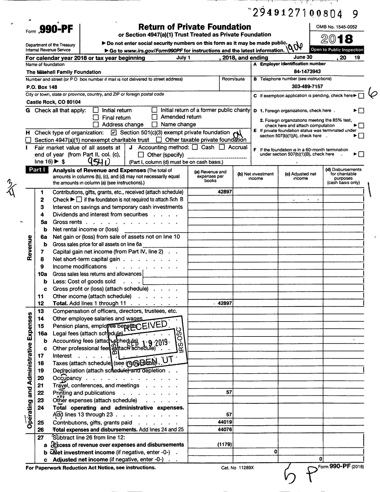 Image of first page of 2018 Form 990PF for Mitchell Family Foundation