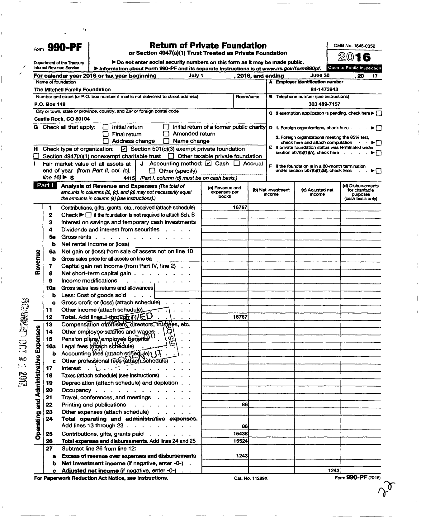 Image of first page of 2016 Form 990PF for Mitchell Family Foundation