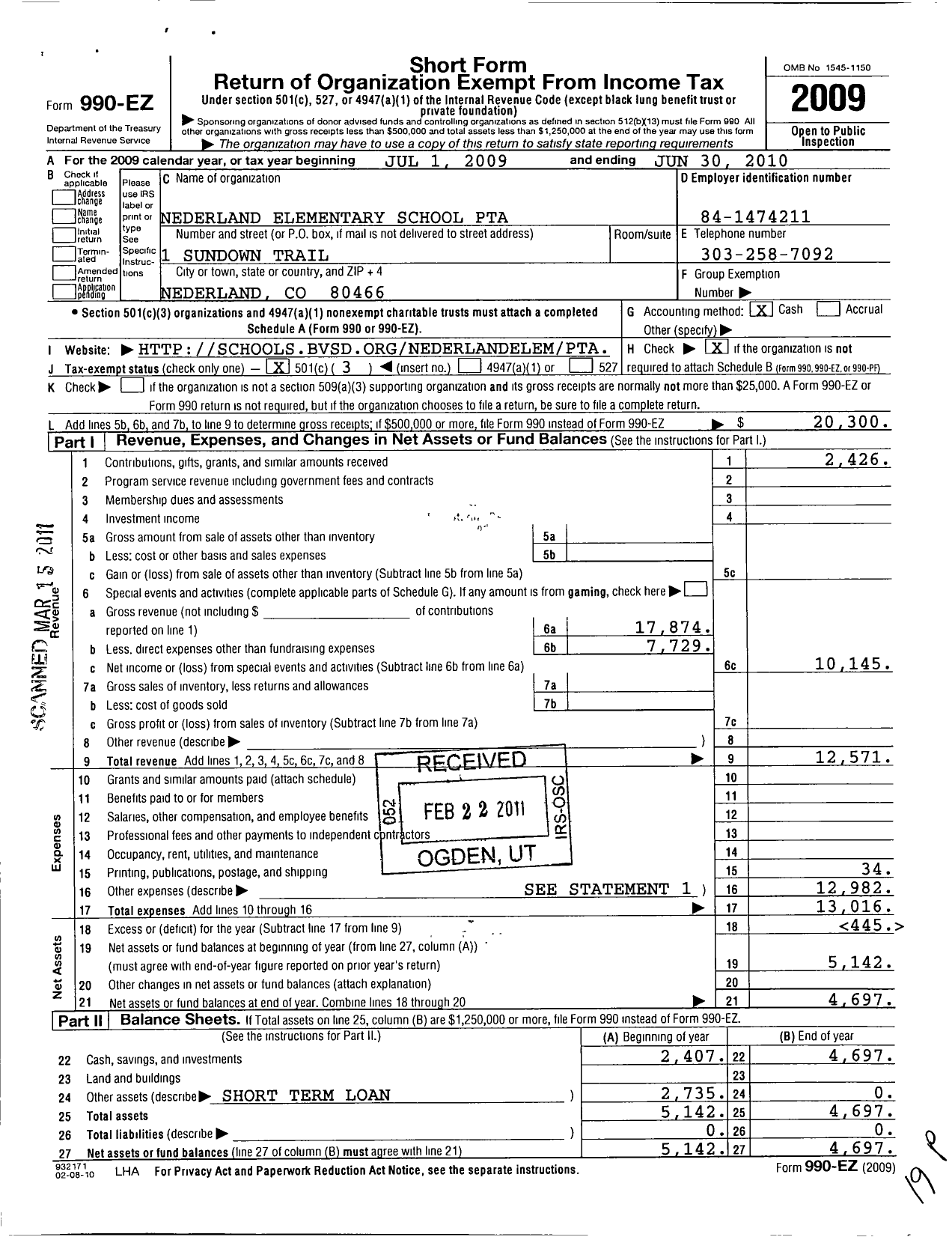 Image of first page of 2009 Form 990EZ for PTA Colorado Congress / Nederland Elementary PTA