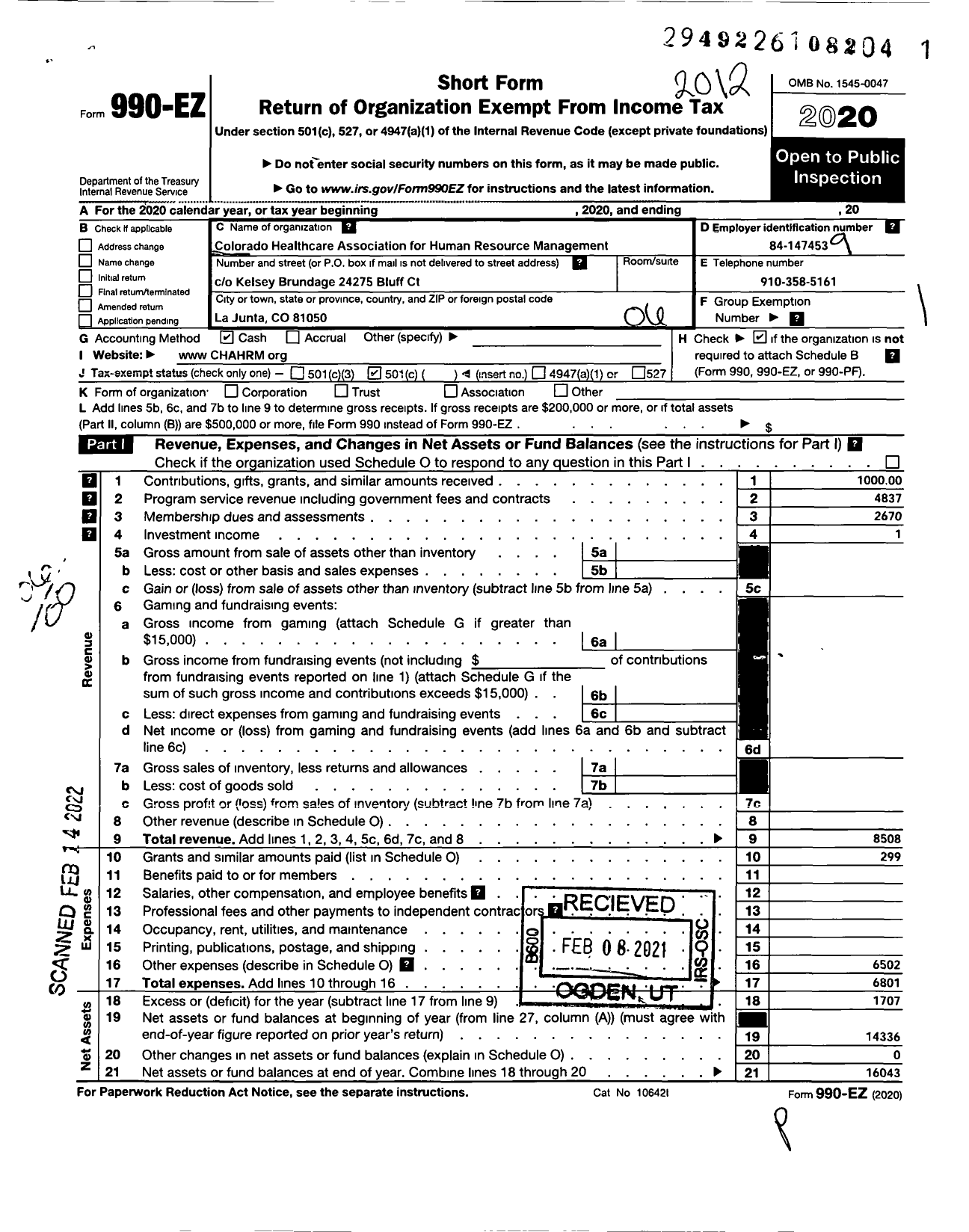 Image of first page of 2020 Form 990EO for Colorado Healthcare Association for Human Resource Management