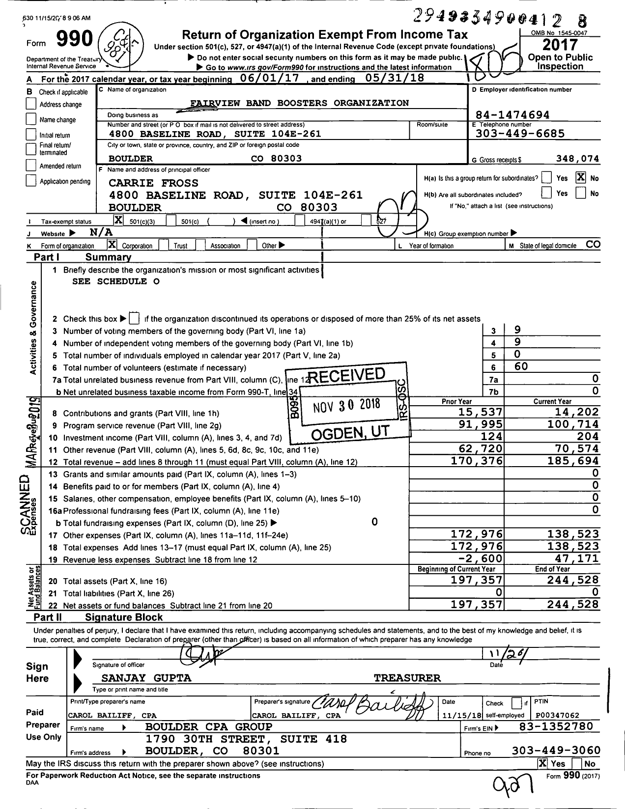 Image of first page of 2017 Form 990 for Fairview Band Boosters Organization