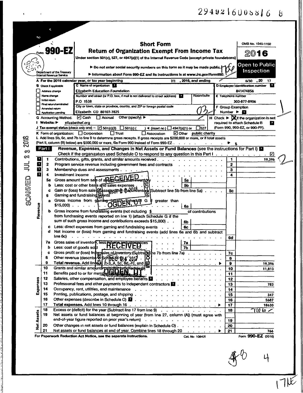 Image of first page of 2016 Form 990EZ for Elizabeth Education Foundation