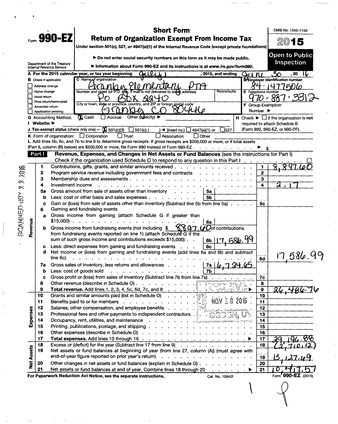 Image of first page of 2015 Form 990EZ for PTA Colorado Congress / Granby Elementary