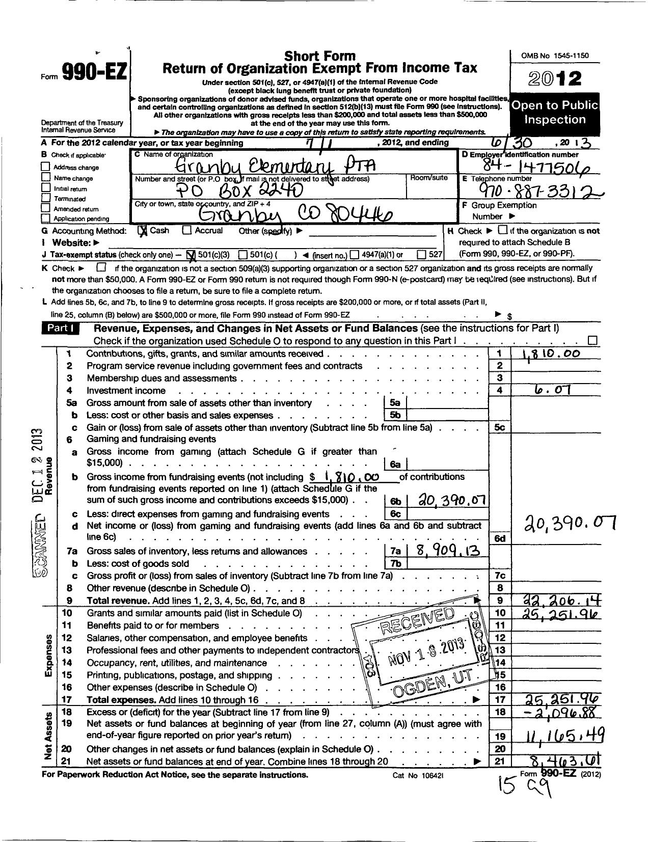 Image of first page of 2012 Form 990EZ for PTA Colorado Congress / Granby Elementary