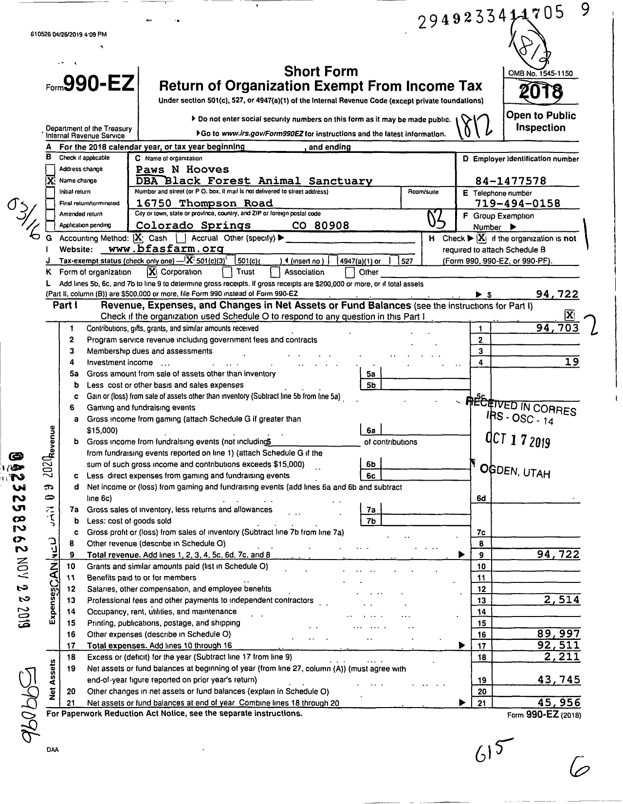 Image of first page of 2018 Form 990EZ for Paws N Hooves