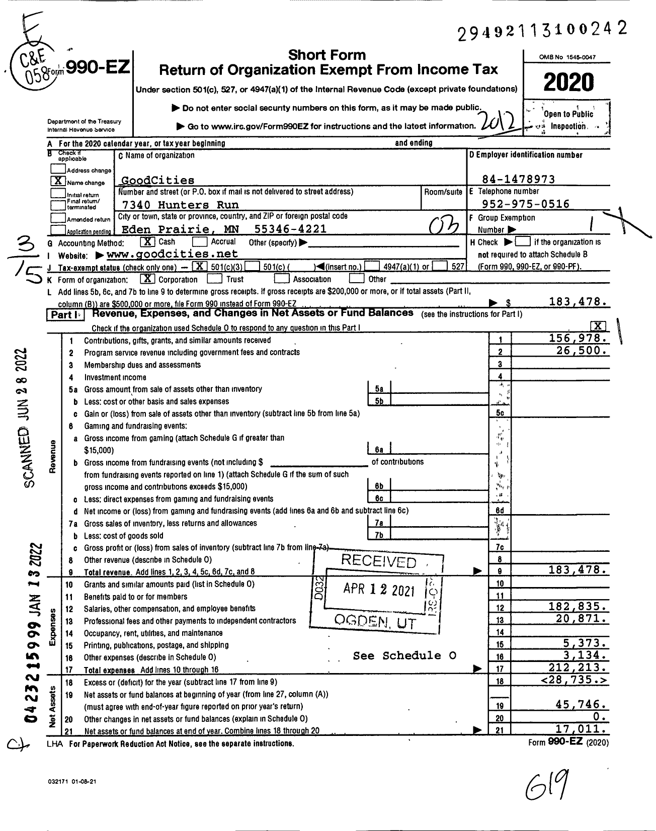 Image of first page of 2020 Form 990EZ for GoodCities